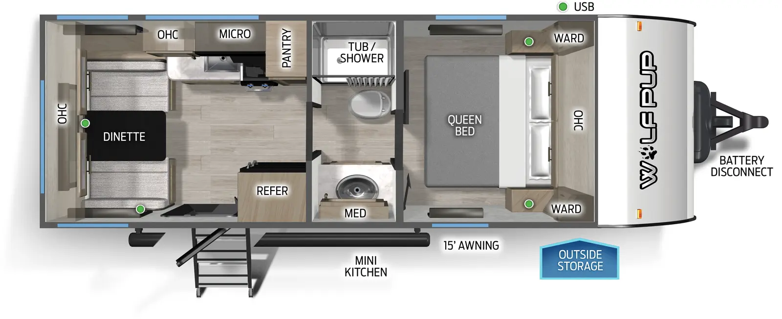 The Wolf Pup 16CM floorplan has one entry and zero slide outs. Exterior features include: metal exterior, 15' awning and outside kitchen. Interiors features include: front bedroom and pass through bathroom.